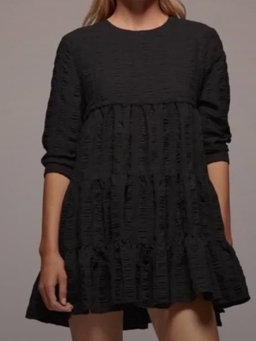 NWOT Zara Textured Tiered Babydoll Mini Dress Black Crew Neck Size XS New